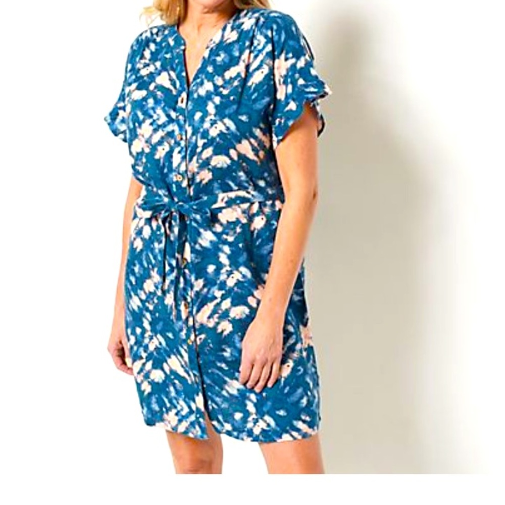 Denim & Co. Women's  XL Beach Ruffle Sleeve Linen Cover-Up / Dress Blue